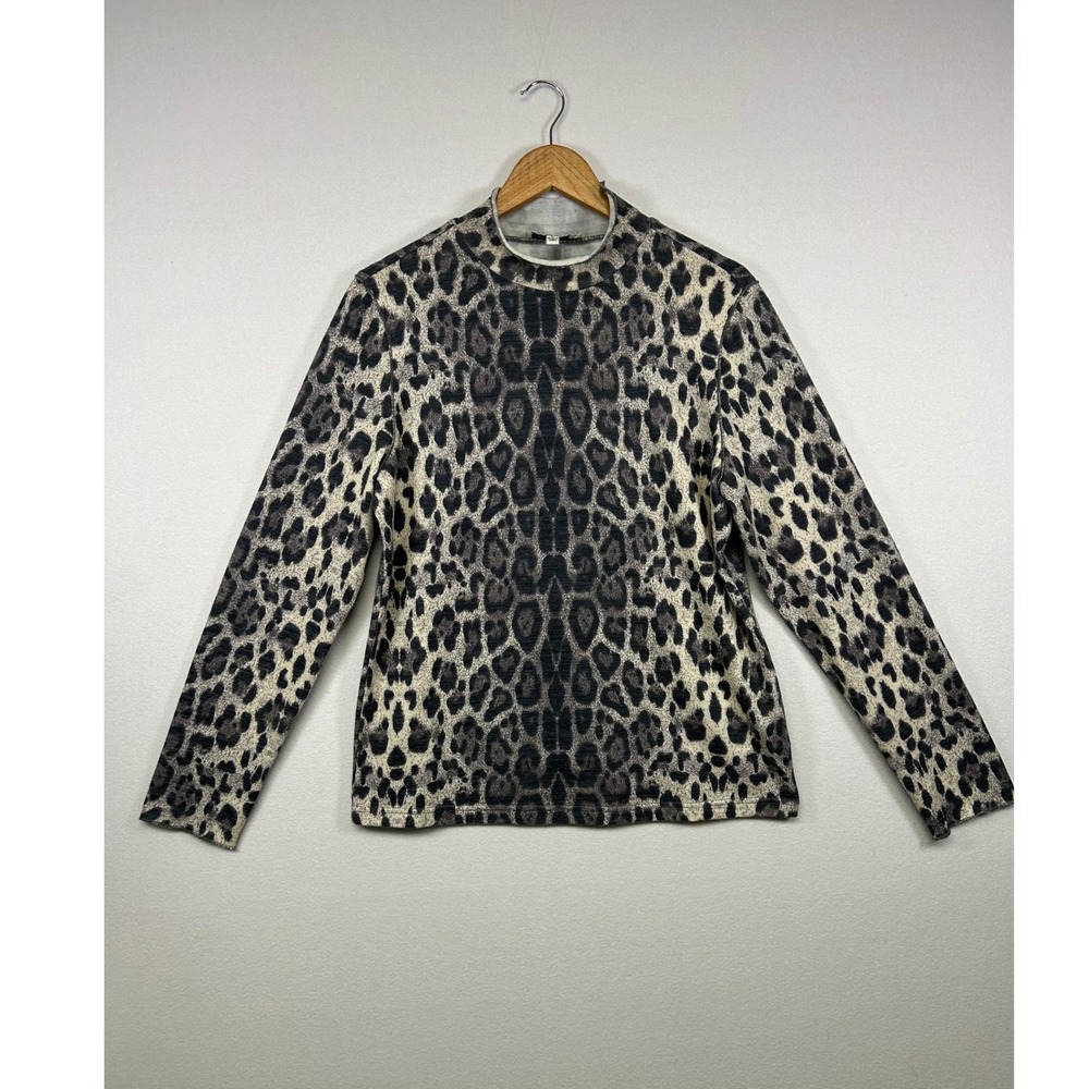 Mob Wife Fate + Fortune‎ Women L Gray Leopard Print Mock Neck Long Sleeve Top